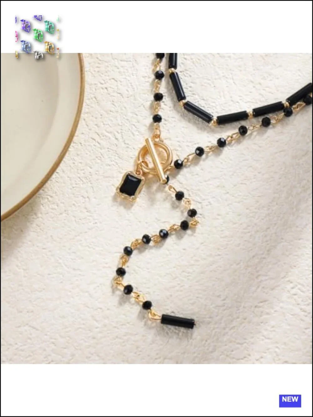 Lariat Necklace for Women, Black Beaded Y Necklace with Gold Tone Toggle Clasp